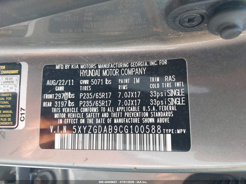 2012 Hyundai Santa fe VIN 5XYZGDAB9CG100588 IAAI salvage auction — NORMAL WEAR, Original (Ohio), sold $1,100 on 2026-07-28 (photo 9)