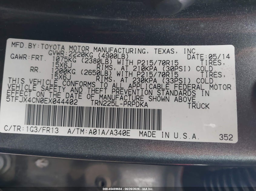 2014 Toyota Tacoma VIN 5TFJX4CN0EX044402 IAAI salvage auction — FRONT END, Salvage (Pennsylvania), sold $5,200 on 2026-07-16 (photo 9)