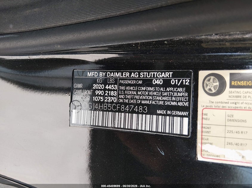 2012 Mercedes-benz C-klasse VIN WDDGJ4HB5CF847483 IAAI salvage auction — FRONT END, Nrc Lienholder Repossession Paperwork (Texas), sold $400 on 2026-07-20 (photo 9)