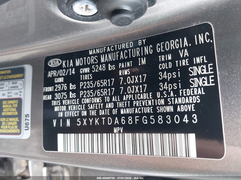 2015 Kia Sorento VIN 5XYKTDA68FG583043 IAAI salvage auction — NORMAL WEAR, Clear (New York), sold $800 on 2026-07-28 (photo 9)