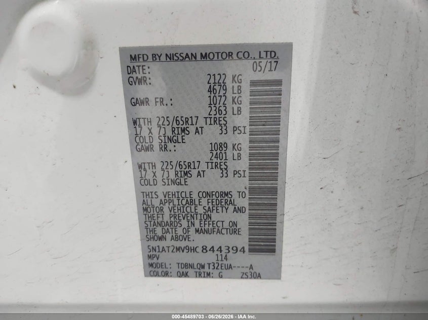 2017 Nissan Rogue VIN 5N1AT2MV9HC844394 IAAI salvage auction — RIGHT FRONT, Salvage Title, sold $1,500 on 2026-07-25 (photo 9)