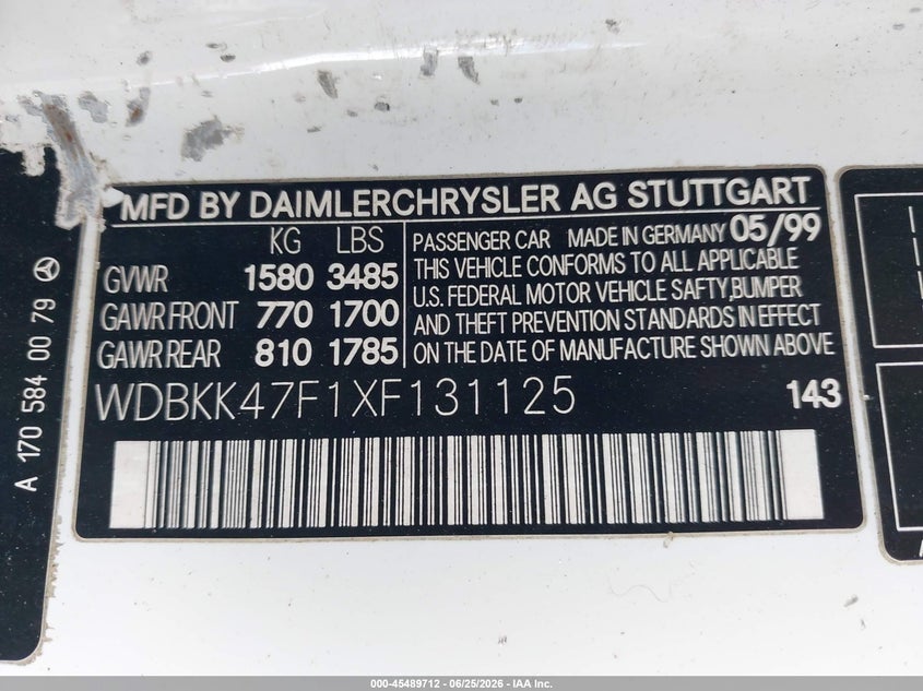 1999 Mercedes-benz Slk-class VIN WDBKK47F1XF131125 IAAI salvage auction — FRONT & REAR, Rebuildable (Florida), sold $25 on 2026-07-28 (photo 9)