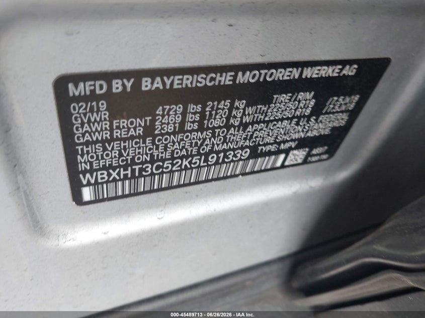 2019 BMW X1 VIN WBXHT3C52K5L91339 IAAI salvage auction — FRONT END, Mv-907A (New York), sold $2,900 on 2026-07-14 (photo 9)