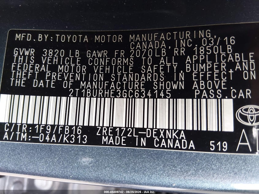 2016 Toyota Corolla VIN 2T1BURHE3GC634145 IAAI salvage auction — FRONT END, Rebuildable (Florida), sold $1,100 on 2026-07-10 (photo 9)