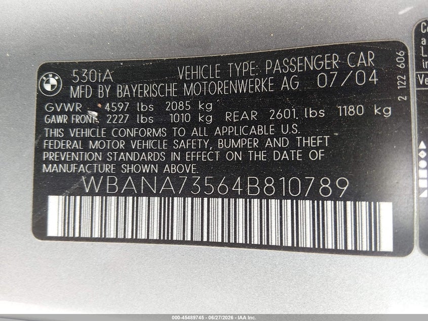 2004 BMW 5 series VIN WBANA73564B810789 IAAI salvage auction — NORMAL WEAR, Clear - Dealer Only (California), sold $550 on 2026-07-29 (photo 9)