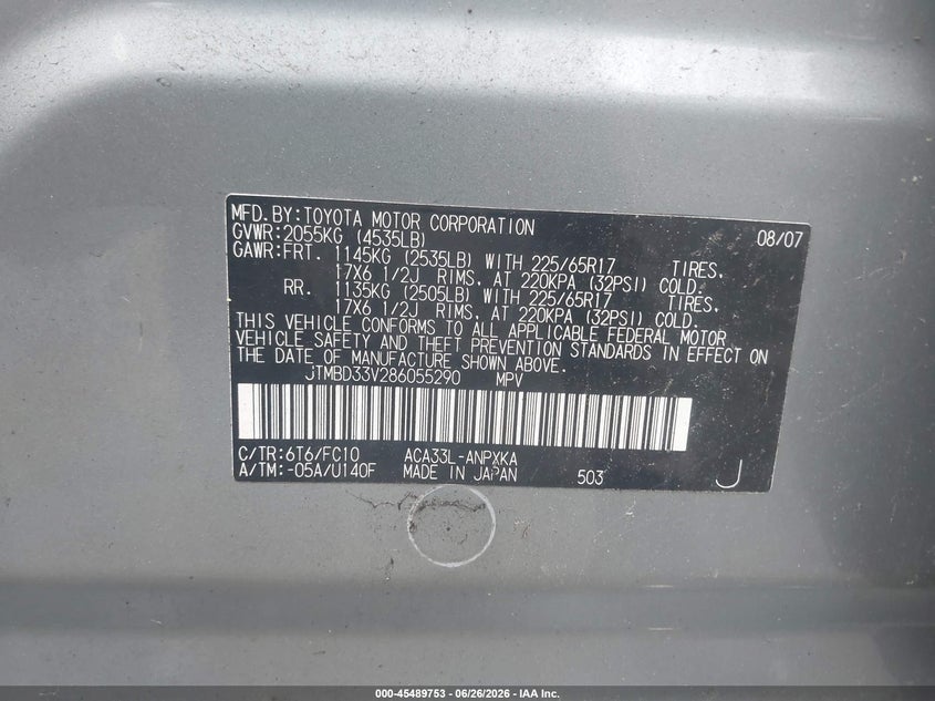 2008 Toyota Rav4 VIN JTMBD33V286055290 IAAI salvage auction — NORMAL WEAR, Clear (Massachusetts), sold $1,750 on 2026-07-07 (photo 9)