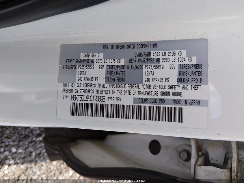 2017 Mazda Cx-5 VIN JM3KFBDL8H0179396 IAAI salvage auction — FRONT & REAR, Wait Title, sold $3,250 on 2026-09-17 (photo 9)