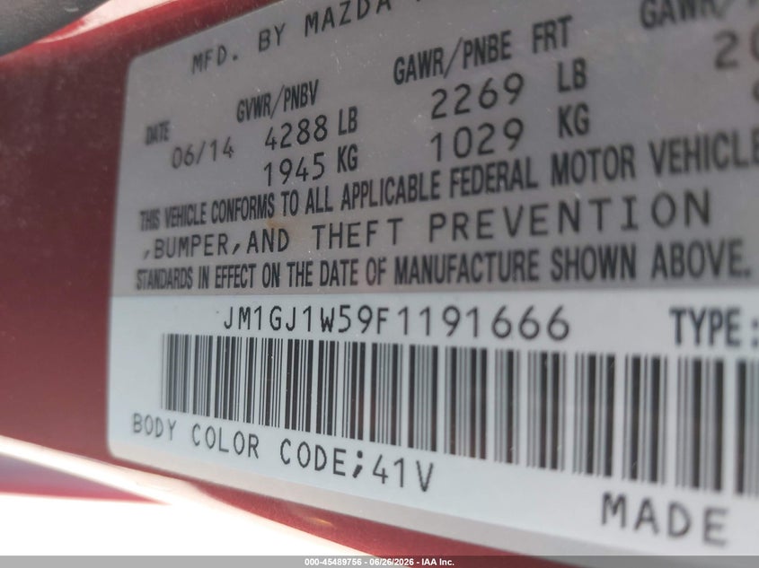 2015 Mazda 6 VIN JM1GJ1W59F1191666 IAAI salvage auction — NORMAL WEAR, Original (Texas), sold $750 on 2026-07-29 (photo 9)