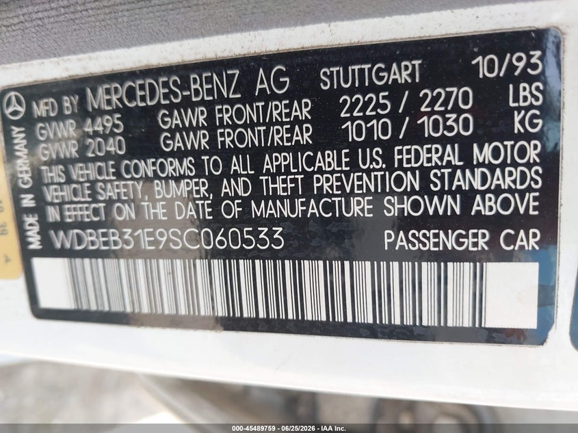 1995 Mercedes-benz E-class VIN WDBEB31E9SC060533 IAAI salvage auction — NORMAL WEAR, Clear (Maryland), sold $600 on 2026-07-14 (photo 9)