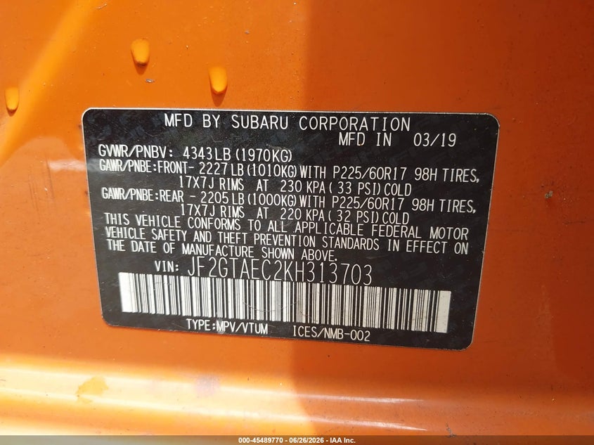 2019 Subaru Xv VIN JF2GTAEC2KH313703 IAAI salvage auction — FRONT END, Salvage - Greater Than 75% (Maryland), sold $2,750 on 2026-07-23 (photo 9)