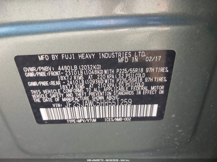 2017 Subaru Forester VIN JF2SJAWC5HH551259 IAAI salvage auction — LEFT FRONT, Salvage Title, sold $775 on 2026-07-19 (photo 9)