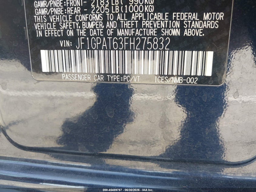 2015 Subaru Impreza VIN JF1GPAT63FH275832 IAAI salvage auction — FRONT END, Salvage Title, sold $1,300 on 2026-07-29 (photo 9)