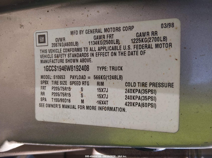 1998 Chevrolet S-10 VIN 1GCCS1946W8192408 IAAI salvage auction — UNKNOWN, Clear - Dealer Only (California), sold $1,200 on 2026-07-08 (photo 9)