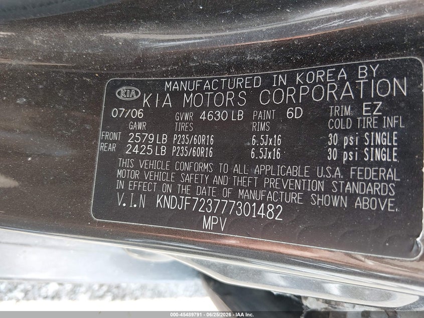 2007 Kia Sportage VIN KNDJF723777301482 IAAI salvage auction — NORMAL WEAR, Clear (Pennsylvania), sold $875 on 2026-07-06 (photo 9)