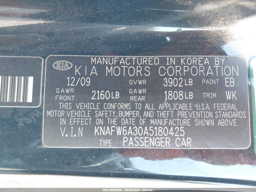 2010 Kia Forte VIN KNAFW6A30A5180425 IAAI salvage auction — LEFT FRONT, Salvage (Pennsylvania), sold $475 on 2026-07-17 (photo 9)