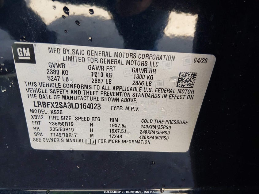 2020 Buick Envision VIN LRBFX2SA3LD164023 IAAI salvage auction — SIDE, Salvage (Missouri), sold $2,900 on 2026-07-28 (photo 9)