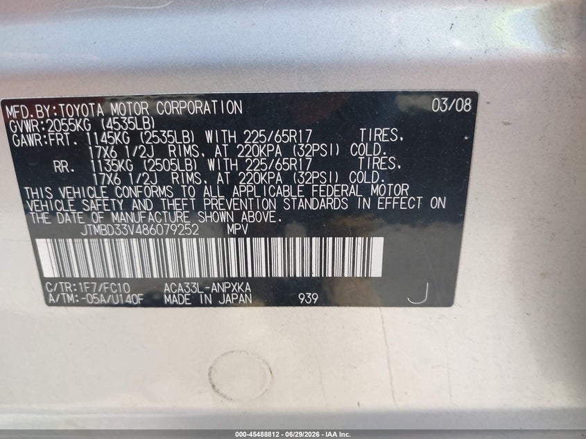 2008 Toyota Rav4 VIN JTMBD33V486079252 IAAI salvage auction — LEFT REAR, Original (Ohio), sold $1,250 on 2026-07-28 (photo 9)