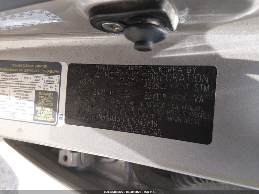 2013 Kia Optima VIN KNAGM4AD0D5042816 IAAI salvage auction — FRONT END, Original (Texas), sold $525 on 2026-07-20 (photo 9)