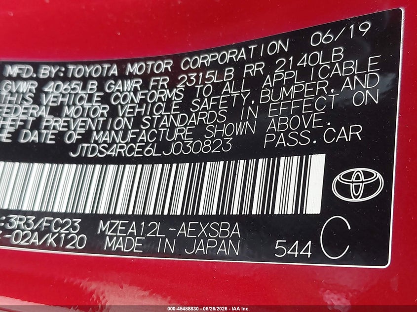 2020 Toyota Corolla VIN JTDS4RCE6LJ030823 IAAI salvage auction — FRONT END, Salvage (Ohio), sold $3,100 on 2026-07-29 (photo 9)