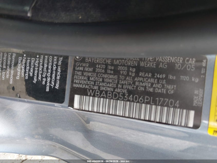 2006 BMW 3 series VIN WBABD53406PL17704 IAAI salvage auction — FRONT END, Salvage (Pennsylvania), sold $475 on 2026-07-31 (photo 9)