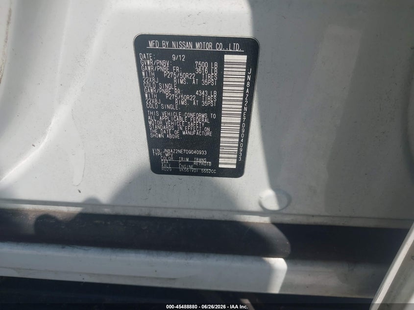 2013 Infiniti Qx56 VIN JN8AZ2NE7D9040933 IAAI salvage auction — NORMAL WEAR, Clear (Georgia), sold $1,450 on 2026-07-14 (photo 9)