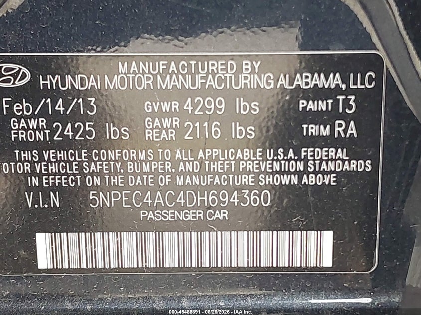 2013 Hyundai Sonata VIN 5NPEC4AC4DH694360 IAAI salvage auction — LEFT SIDE, Rebuildable (Florida), sold $650 on 2026-08-01 (photo 9)