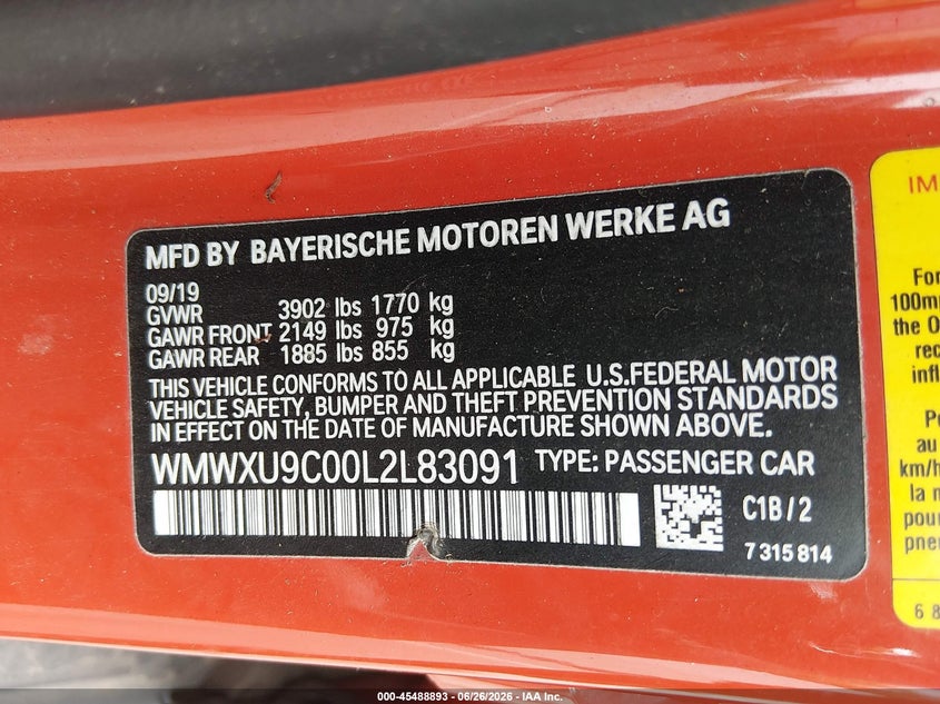 2020 Mini Hard top VIN WMWXU9C00L2L83091 IAAI salvage auction — FRONT END, Salvage (Tennessee), sold $1,550 on 2026-07-14 (photo 9)