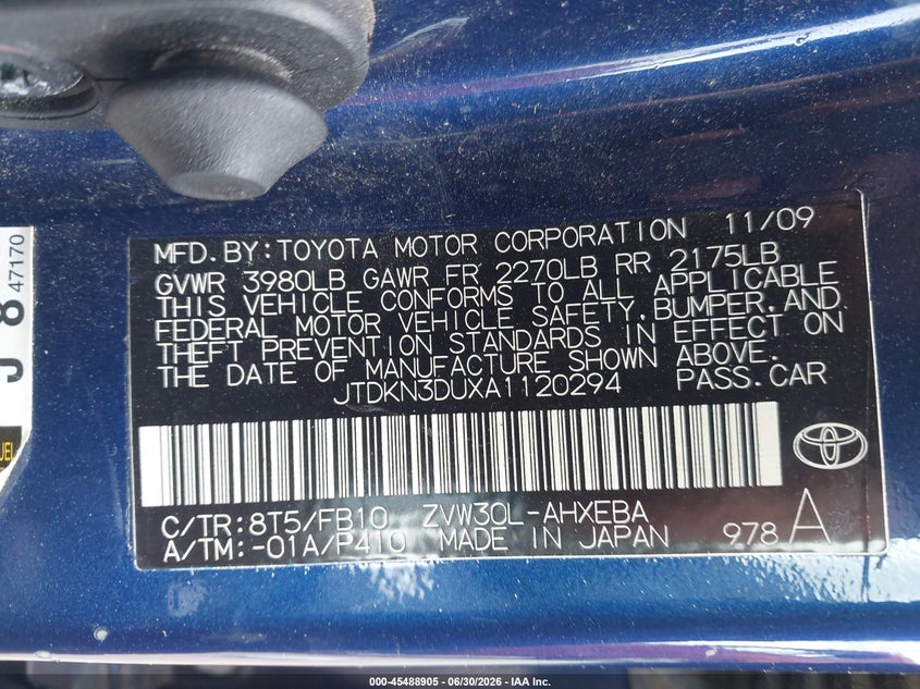 2010 Toyota Prius VIN JTDKN3DUXA1120294 IAAI salvage auction — RIGHT SIDE, Salvage (Texas), sold $600 on 2026-07-23 (photo 9)
