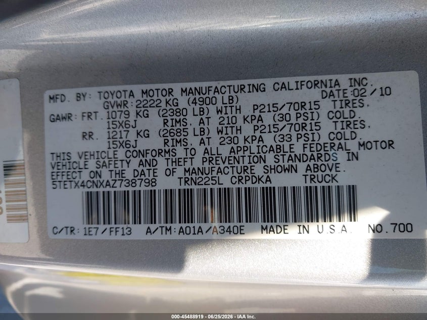 2010 Toyota Tacoma VIN 5TETX4CNXAZ738798 IAAI salvage auction — NORMAL WEAR, Clear - Dealer Only (California), sold $3,600 on 2026-07-29 (photo 9)