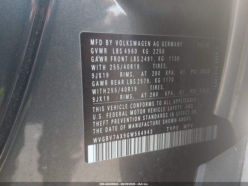 2016 Volkswagen Tiguan VIN WVGBV7AX9GW564943 IAAI salvage auction — FRONT END, Salvage (Connecticut), sold $2,450 on 2026-07-16 (photo 9)