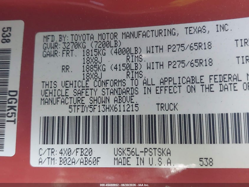 2017 Toyota Tundra VIN 5TFDY5F13HX611215 IAAI salvage auction — FRONT END, Salvage Title, sold $4,900 on 2026-07-27 (photo 9)