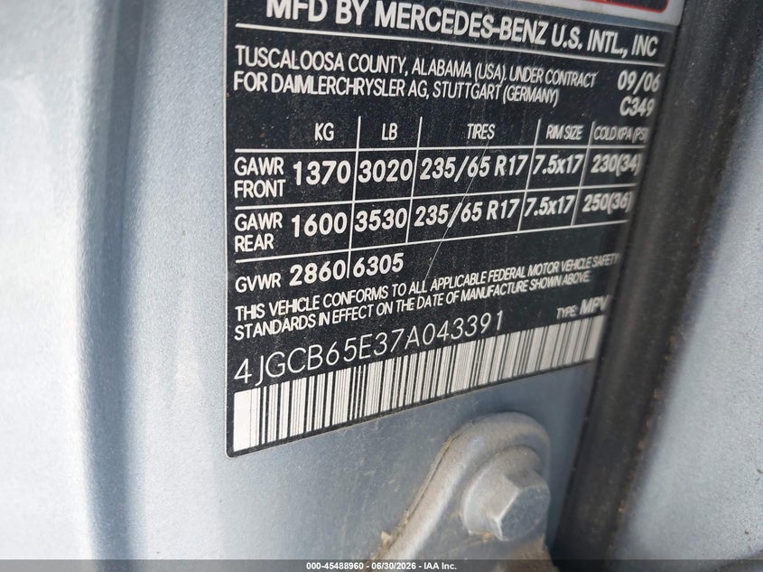 2007 Mercedes-benz R-class VIN 4JGCB65E37A043391 IAAI salvage auction — NORMAL WEAR, Clear (North Carolina), sold $825 on 2026-07-08 (photo 9)