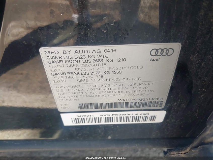 2016 Audi Q5 VIN WA1C2AFP2GA140339 IAAI salvage auction — NORMAL WEAR, Clear (Illinois), sold $1,150 on 2026-07-27 (photo 9)