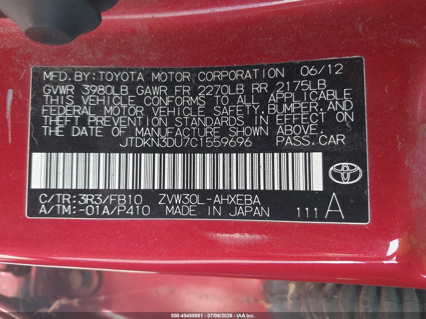 2012 Toyota Prius VIN JTDKN3DU7C1559696 IAAI salvage auction — NORMAL WEAR, Clear (Indiana), sold $475 on 2026-07-28 (photo 9)