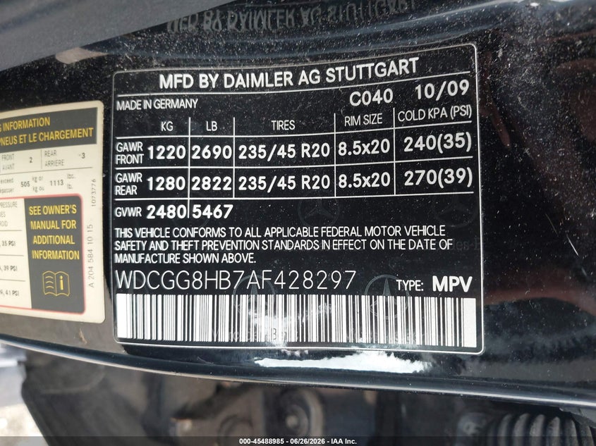 2010 Mercedes-benz Glk-class VIN WDCGG8HB7AF428297 IAAI salvage auction — NORMAL WEAR, Clear (Massachusetts), sold $1,465 on 2026-07-27 (photo 9)