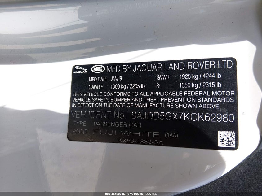 2019 Jaguar F-type VIN SAJDD5GX7KCK62980 IAAI salvage auction — LEFT REAR, Salvage (Illinois), sold $9,975 on 2026-09-05 (photo 9)