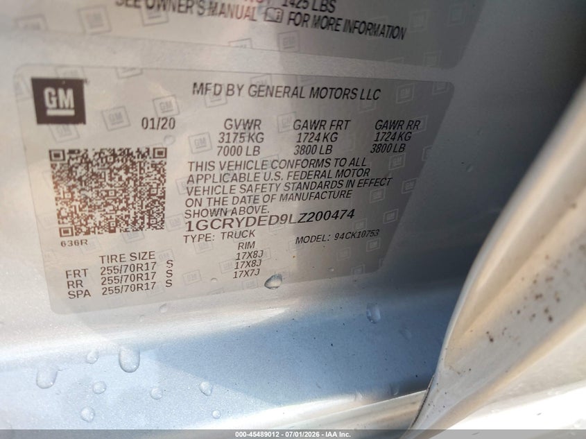 2020 Chevrolet Silverado VIN 1GCRYDED9LZ200474 IAAI salvage auction — RIGHT REAR, Salvage Title, sold $4,500 on 2026-08-02 (photo 9)