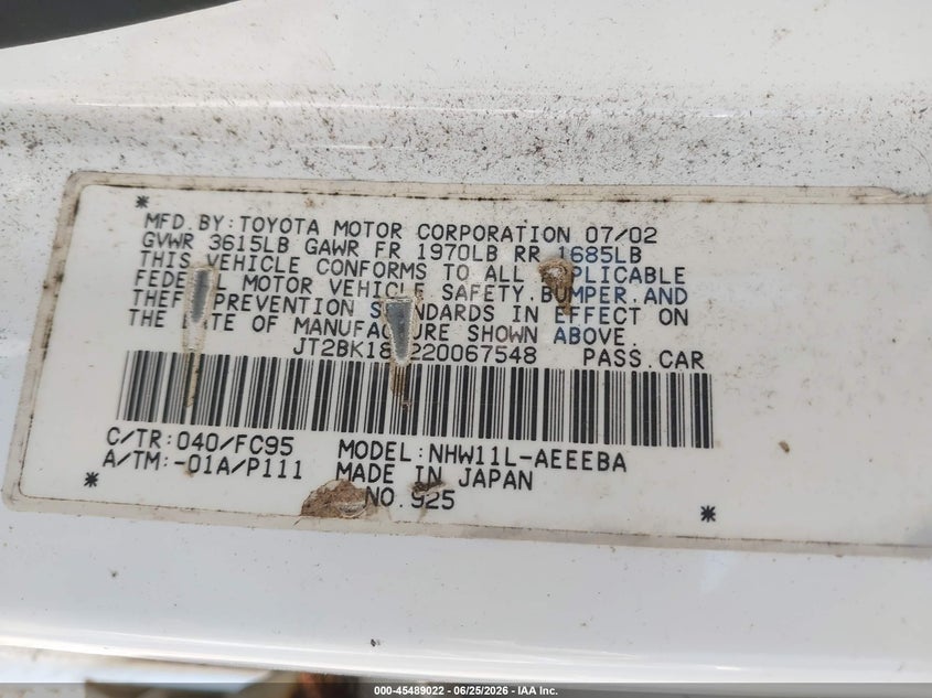 2002 Toyota Prius VIN JT2BK18U220067548 IAAI salvage auction — LEFT REAR, Clear (Illinois), sold $275 on 2026-07-22 (photo 9)