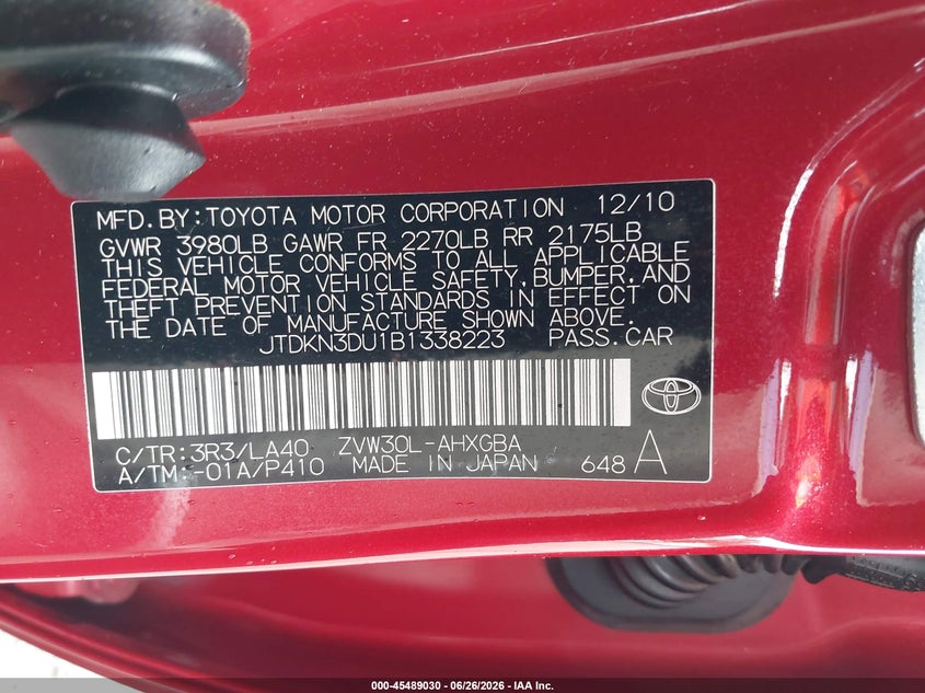 2011 Toyota Prius VIN JTDKN3DU1B1338223 IAAI salvage auction — NORMAL WEAR, Clear (Oregon), sold $1,100 on 2026-07-15 (photo 9)