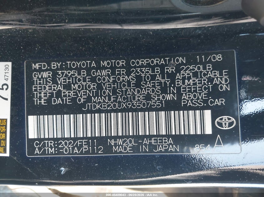 2009 Toyota Prius VIN JTDKB20UX93507551 IAAI salvage auction — NORMAL WEAR, Clear - Dealer Only (California), sold $600 on 2026-07-29 (photo 9)