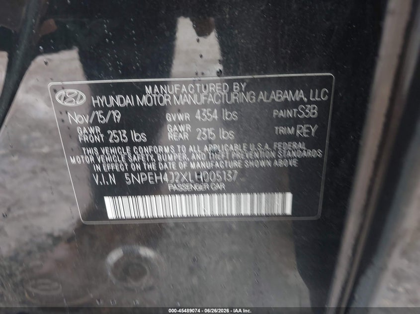 2020 Hyundai Sonata VIN 5NPEH4J2XLH005137 IAAI salvage auction — FRONT END, Salvage (Indiana), sold $5,400 on 2026-07-29 (photo 9)