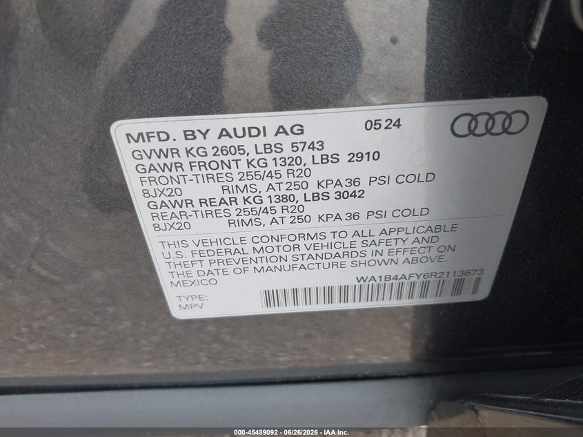 2024 Audi Sq5 VIN WA1B4AFY6R2113673 IAAI salvage auction — RIGHT REAR, Salvage (Pennsylvania), sold $12,150 on 2026-07-24 (photo 9)