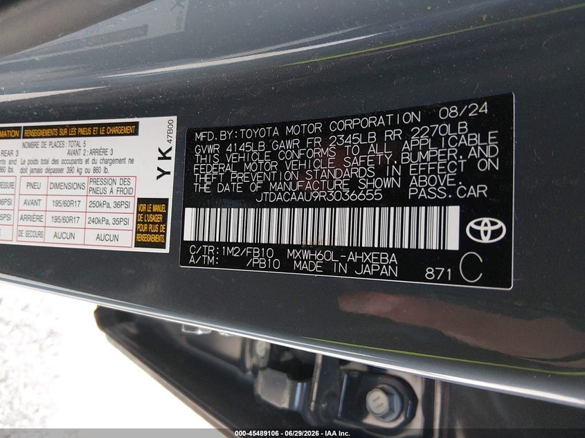 2024 Toyota Prius VIN JTDACAAU9R3036655 IAAI salvage auction — NORMAL WEAR, Clear (Missouri), sold $3,050 on 2026-07-16 (photo 9)