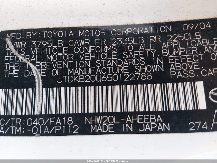 2005 Toyota Prius VIN JTDKB20U650122788 IAAI salvage auction — NORMAL WEAR, Clear (Florida), sold $325 on 2026-07-21 (photo 9)