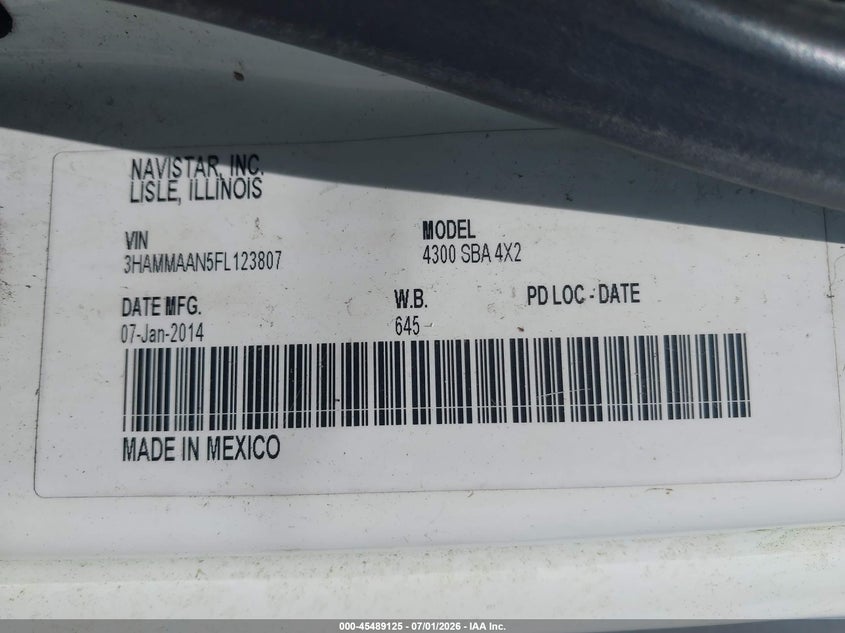 2015 International VIN 3HAMMAAN5FL123807 IAAI salvage auction — FRONT END, Clear (Florida), sold $12,000 on 2026-07-29 (photo 8)
