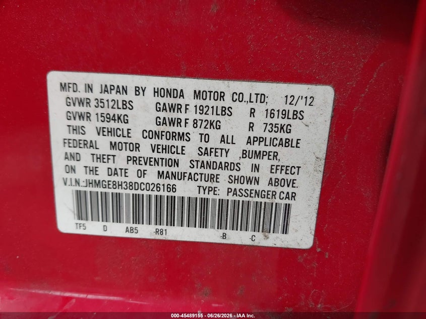 2013 Honda Fit VIN JHMGE8H38DC026166 IAAI salvage auction — SIDE, Mv-907A (New York), sold $950 on 2026-07-14 (photo 9)