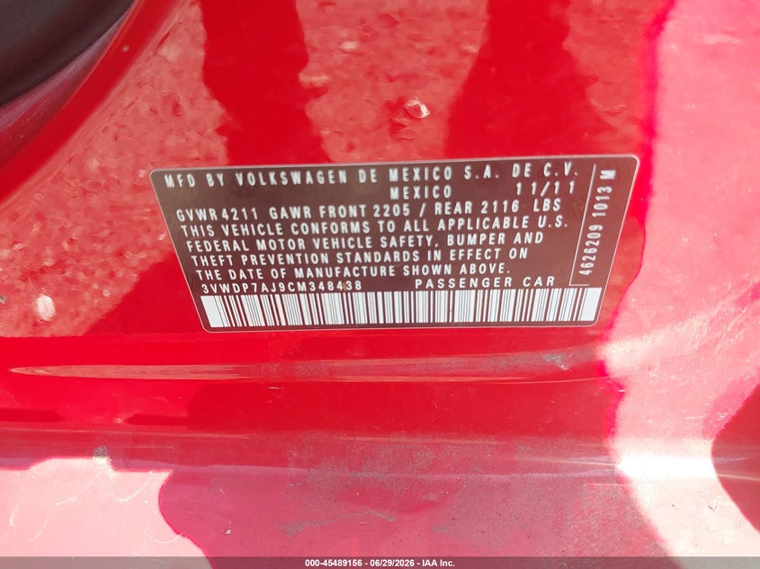 2012 Volkswagen Jetta VIN 3VWDP7AJ9CM348438 IAAI salvage auction — TRANSMISSION, Salvage (Pennsylvania), sold $575 on 2026-07-24 (photo 9)
