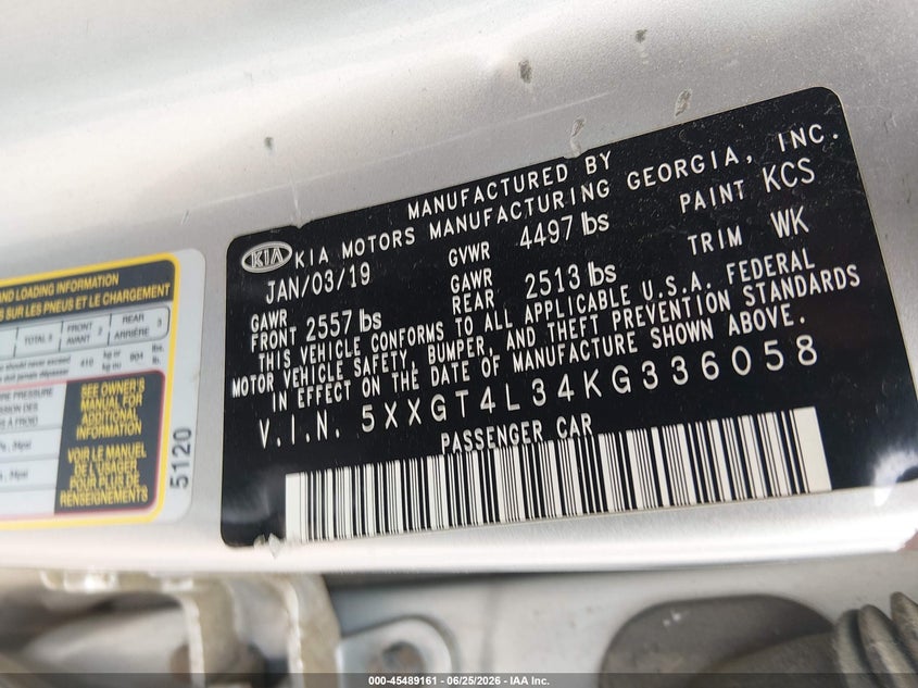 2019 Kia Optima VIN 5XXGT4L34KG336058 IAAI salvage auction — LEFT FRONT, Salvage Title, sold $25 on 2026-07-29 (photo 9)