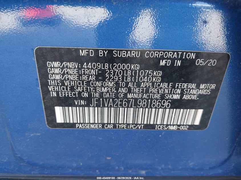 2020 Subaru Wrx sti VIN JF1VA2E67L9818696 IAAI salvage auction — LEFT SIDE, Wait Title, sold $7,100 on 2026-09-03 (photo 9)