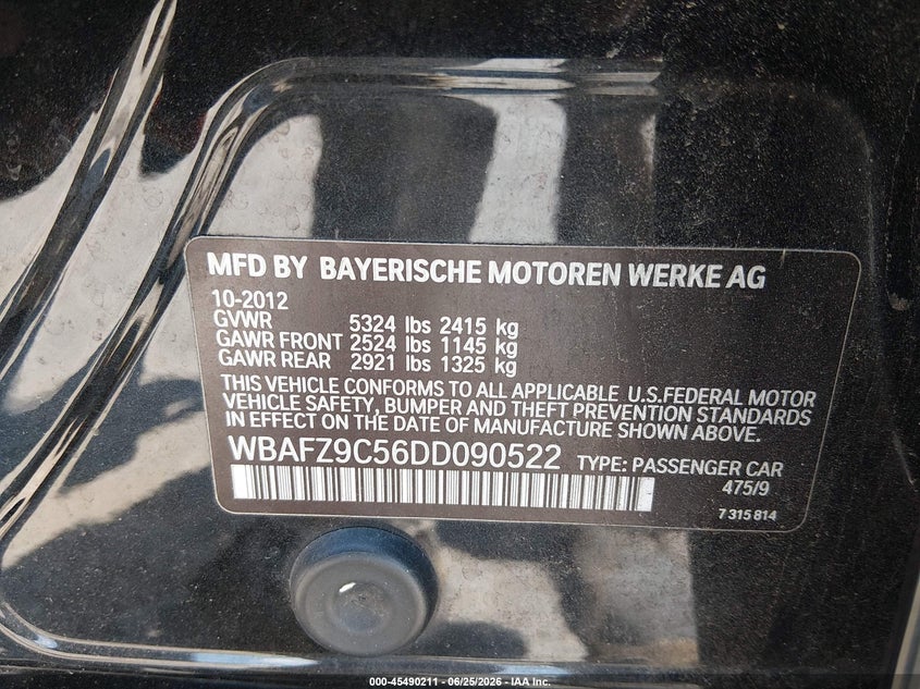 2013 BMW VIN WBAFZ9C56DD090522 IAAI salvage auction — NORMAL WEAR, Clear (Virginia), sold $1,500 on 2026-07-24 (photo 9)